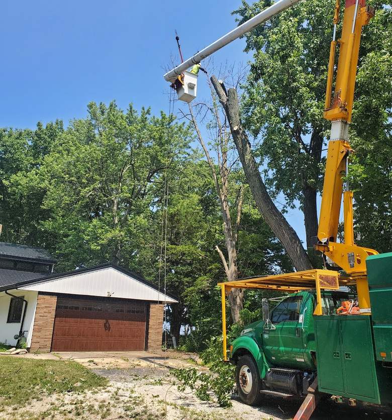A green bucket truck with a yellow boom raised beside a dead tree behind a brick-fronted garage.